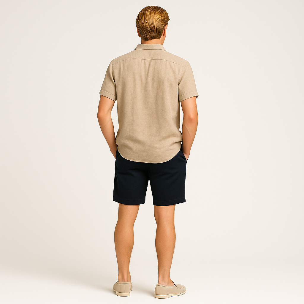 Norrskenberg | Kortärmad Linneskjorta för Herr - Somrig Piqué med Knappkrage