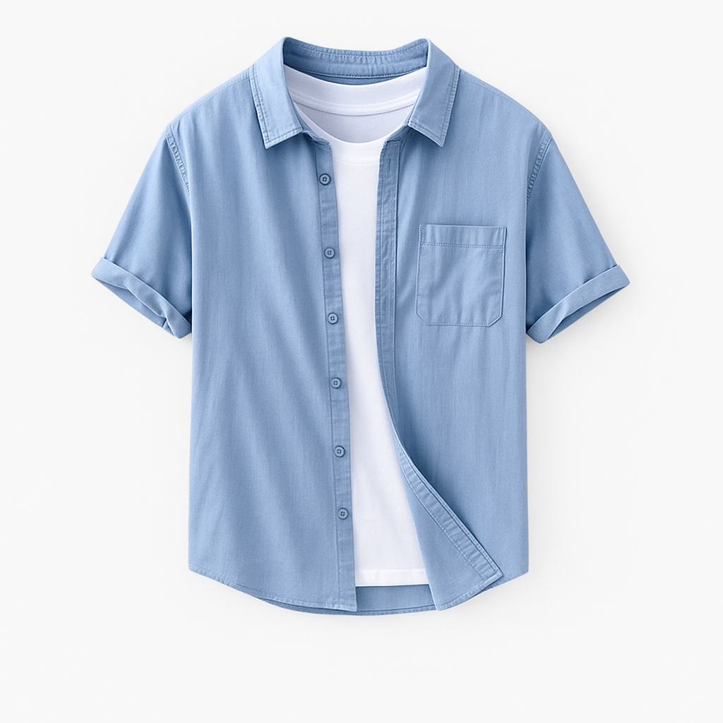 Norrskenberg | Kortärmad Linneskjorta för Herr - Somrig Piqué med Knappkrage