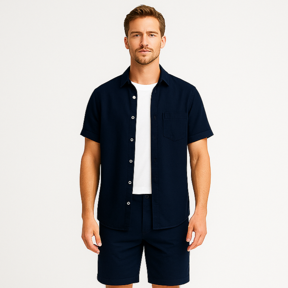 Norrskenberg | Kortärmad Linneskjorta för Herr - Somrig Piqué med Knappkrage