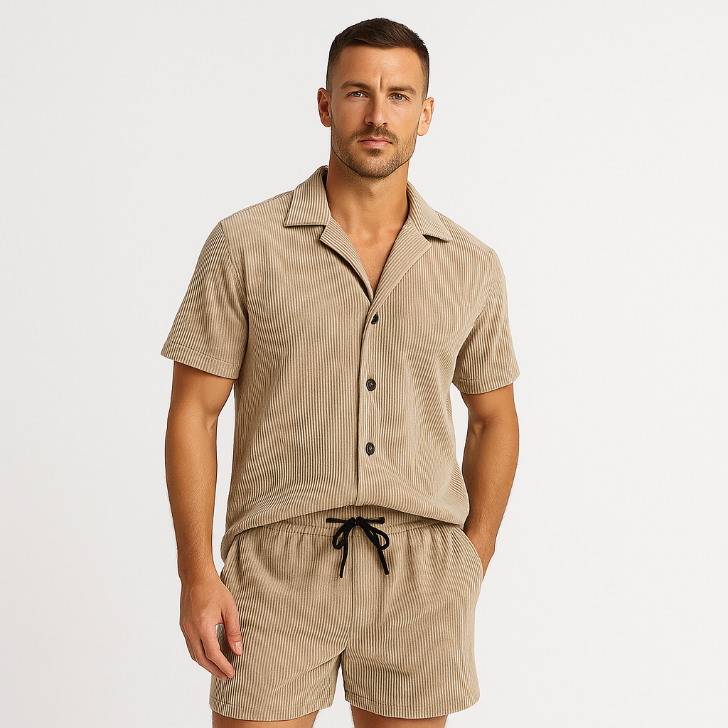 Norrskenberg | Sommarset i Manchestertyg - Kortärmad Skjorta med Matchande Herrshorts