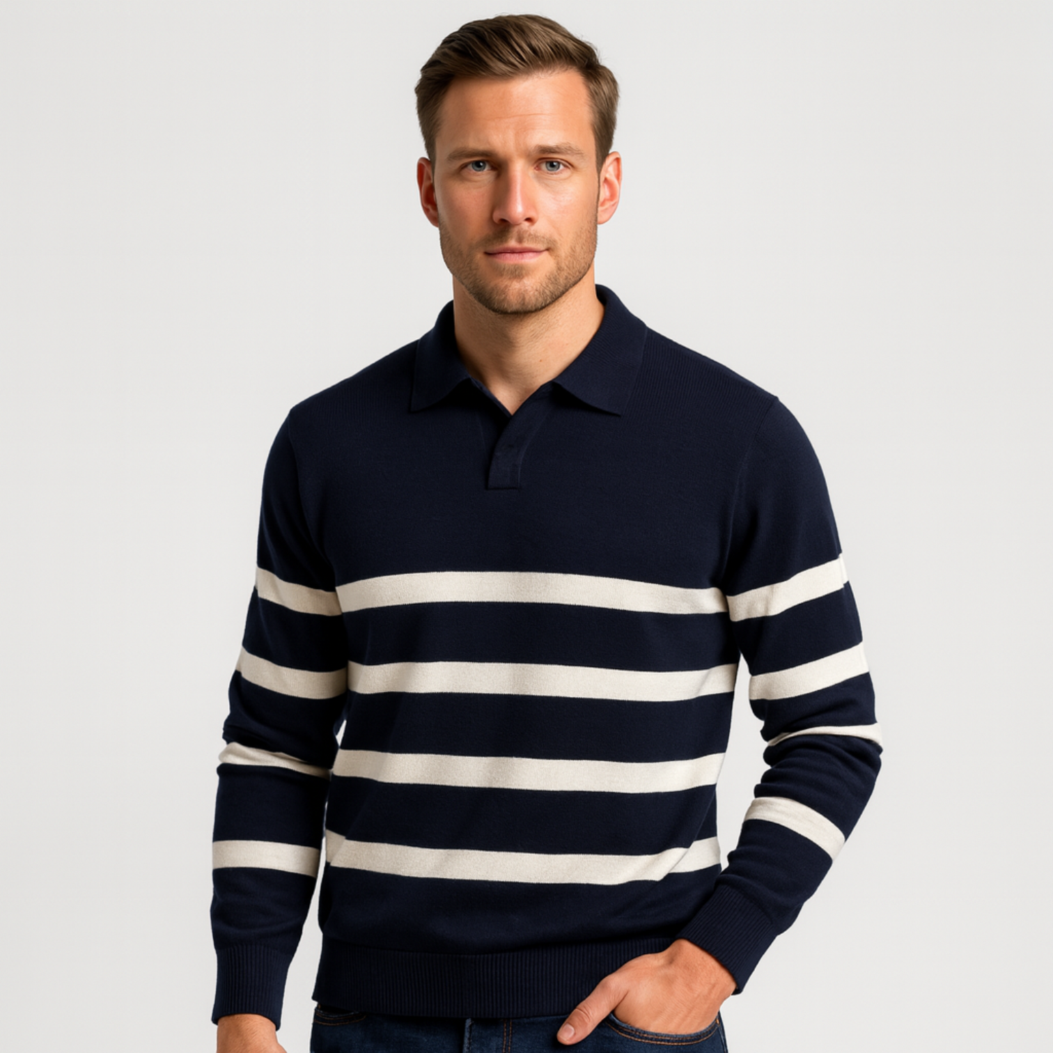 Norrskenberg | Randig Stickad Polo Piké-tröja för Herr