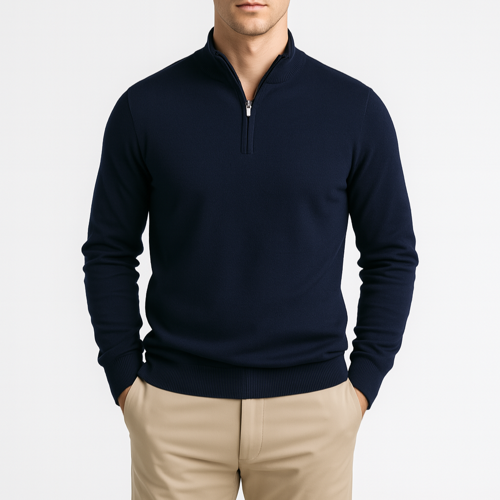 Norrskenberg | Herr Halv‑dragkedja Tröja - Bomullsblandning & Ribbad Krage