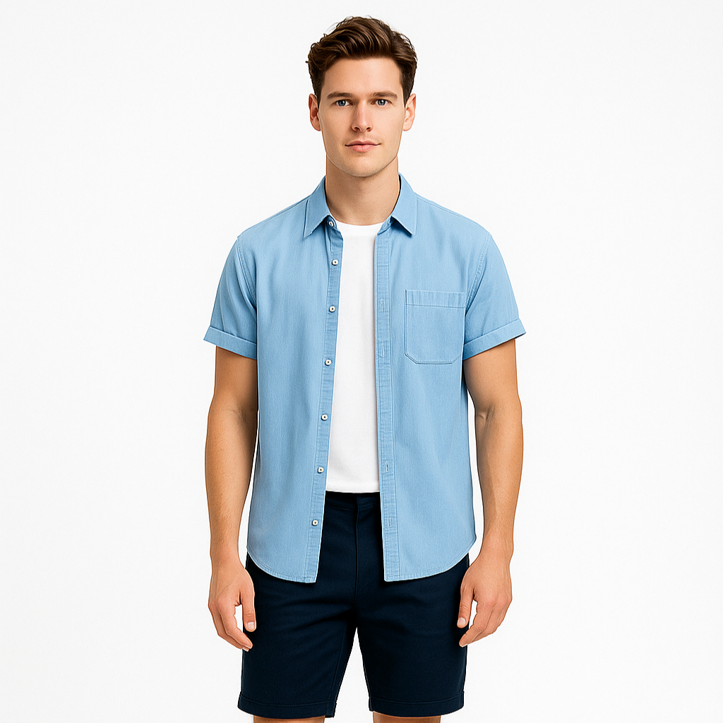 Norrskenberg | Kortärmad Linneskjorta för Herr - Somrig Piqué med Knappkrage